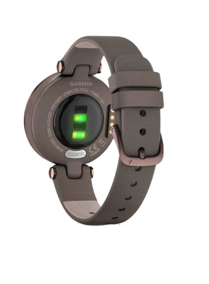 Garmin Lily smartwatch rear view with dark bronze bezel, Paloma case, Italian leather band.