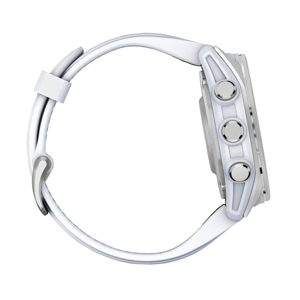 Garmin Fenix 8 smartwatch with white Whitestone silicone band and silver 43mm case
