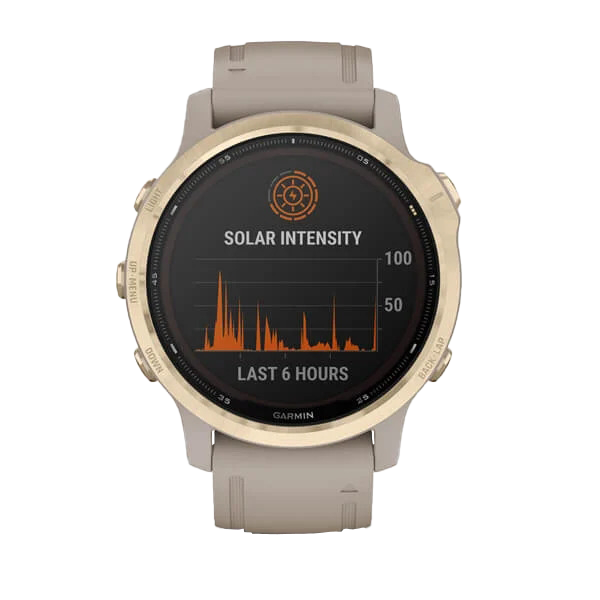 Garmin Fenix 6S Pro Solar watch in light gold with light sand band and solar intensity display.