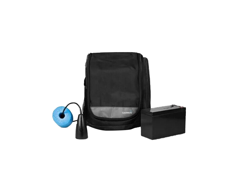 Garmin Echomap UHD 63cv Ice Fishing Bundle; 3-item set with black carrying bag, blue round accessory, black box