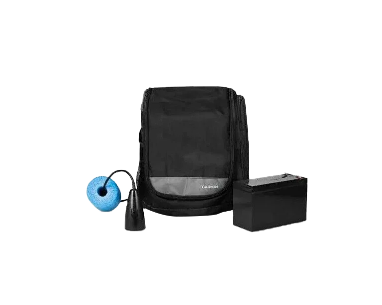 Garmin Echomap UHD 63cv Ice Fishing Bundle; 3-item set with black carrying bag, blue round accessory, black box