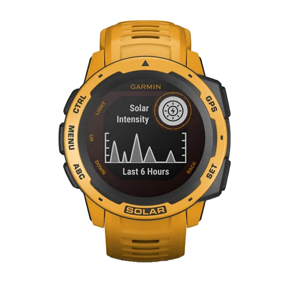 Garmin Instinct Solar sunburst orange smartwatch with yellow strap