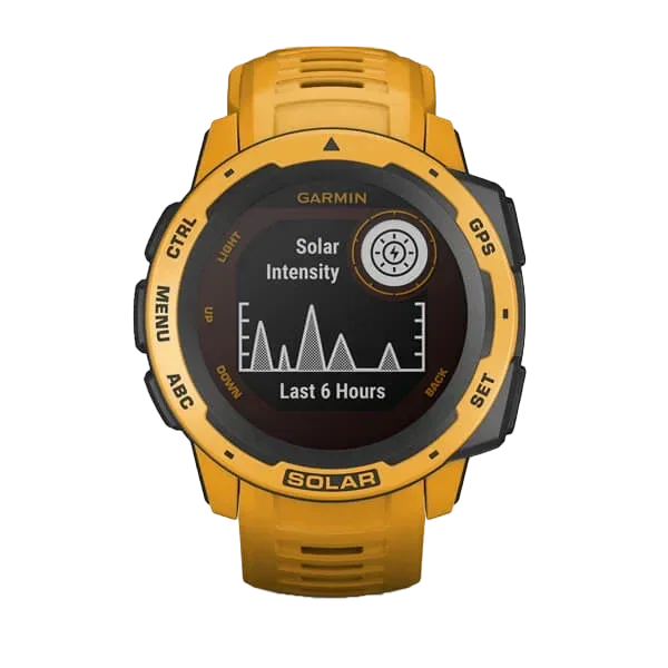 Garmin Instinct Solar sunburst orange smartwatch with yellow strap