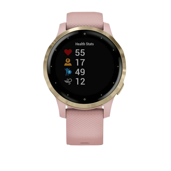Garmin Vivoactive 4S GPS smartwatch in light gold with dust rose silicone band, certified refurbished