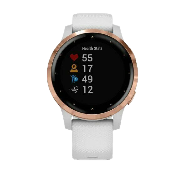 Garmin Vivoactive 4S smartwatch with gold bezel and white silicone band, refurbished