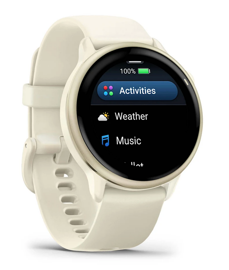 Garmin Vivoactive 6 smartwatch in Lunar Gold with bone-colored band