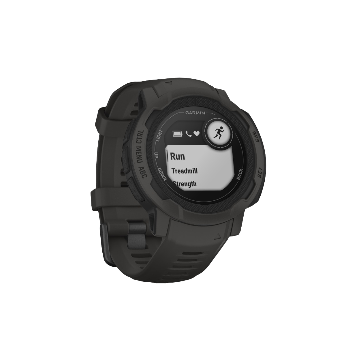 Garmin Instinct 2S Graphite rugged GPS smartwatch with black strap.