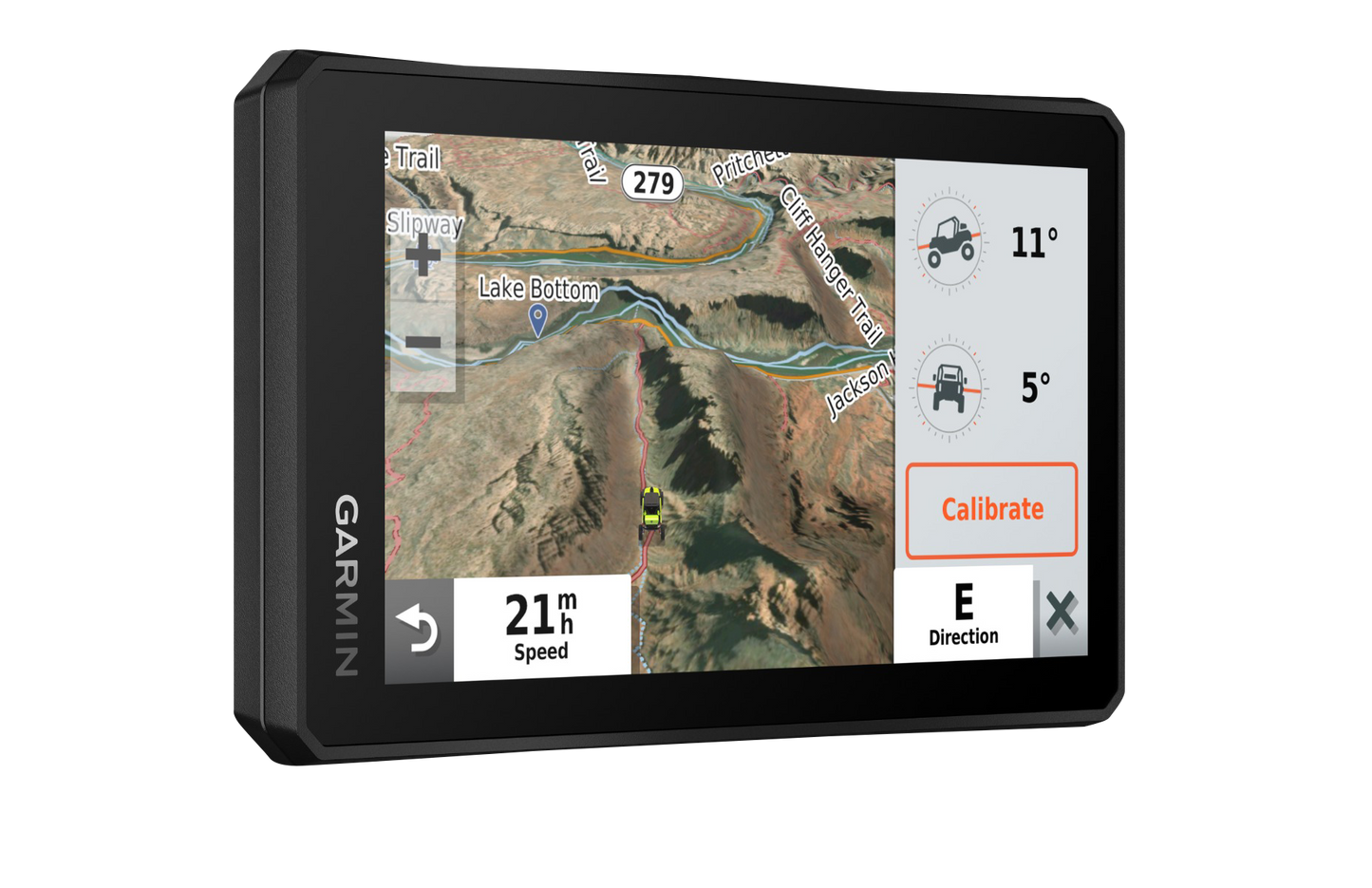 Garmin Tread Powersport GPS, Garmin Certified Refurbished, rugged black navigation device with trail map.