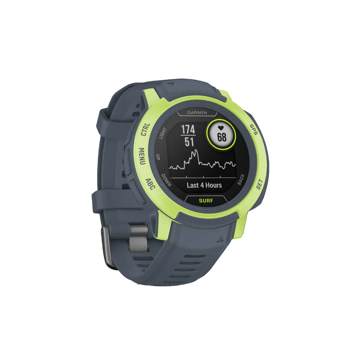 Garmin Instinct 2 Surf Edition Mavericks smart watch with blue band and lime bezel.