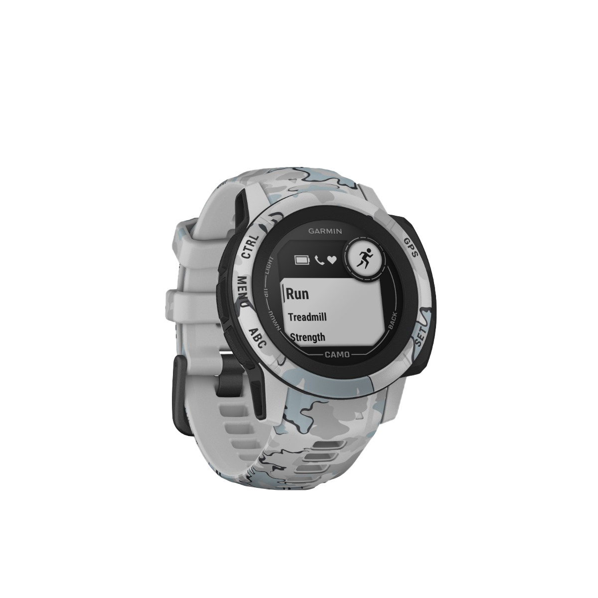 Garmin Instinct 2S Camo Edition Mist Camo smartwatch with light gray camouflage strap