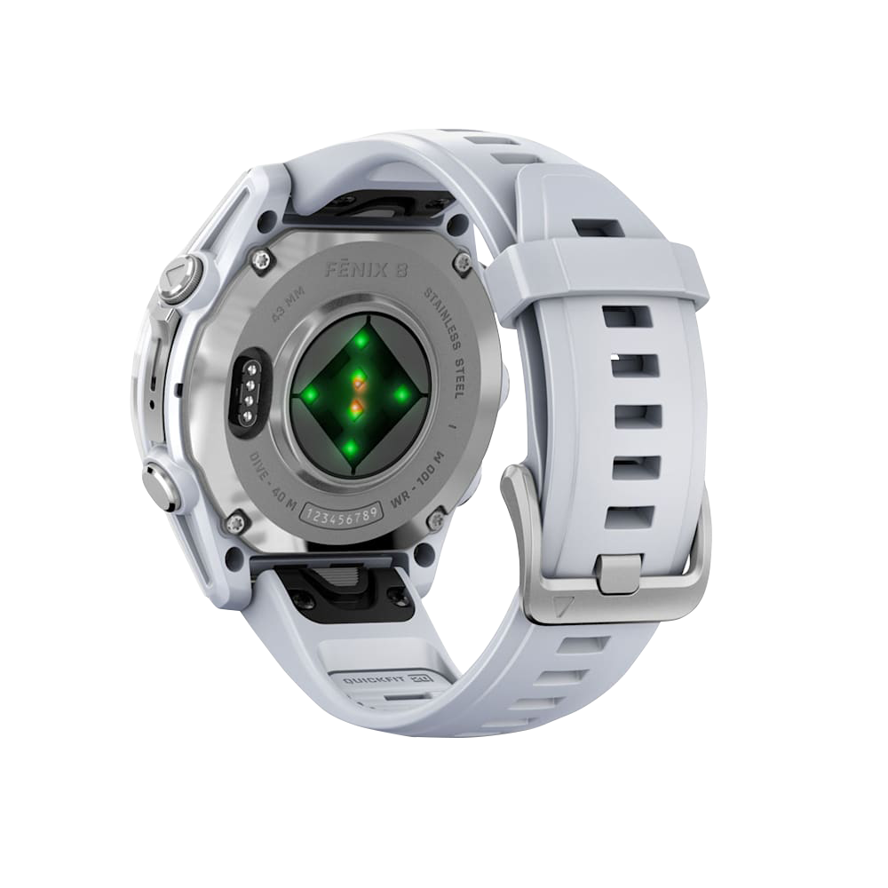 Garmin Fenix 8 smartwatch with silver case and Whitestone silicone band