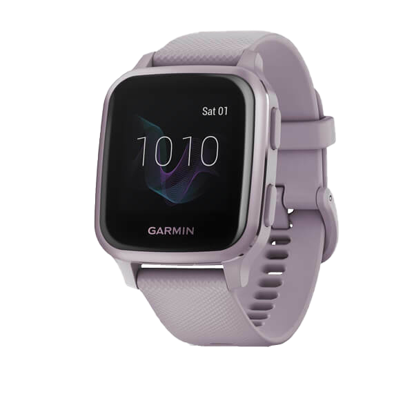 Garmin Venu Sq smartwatch, Orchid color with metallic orchid bezel and lavender silicone strap, compact square display