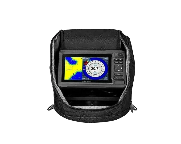 Garmin ECHOMAP UHD 63cv Ice Fishing Bundle in black protective case with chartplotter display