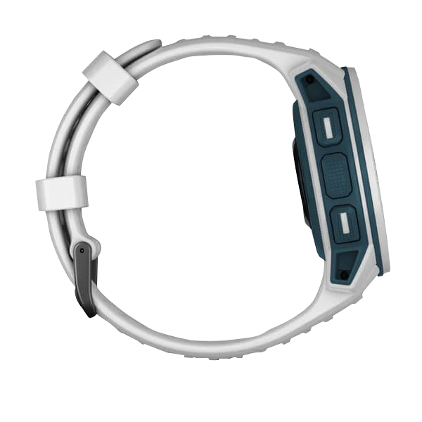 Garmin Instinct Solar Surf Edition smartwatch, Cloudbreak, side view with white strap and blue case