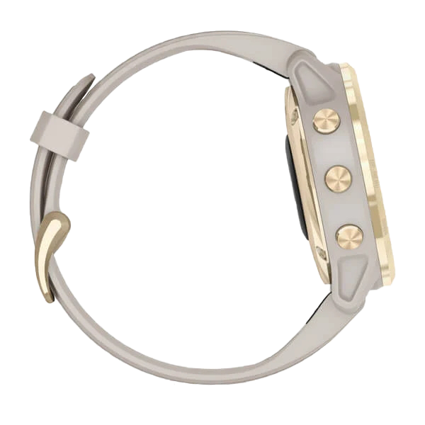 Garmin Fenix 6S Pro Solar smartwatch in light gold with a light sand band