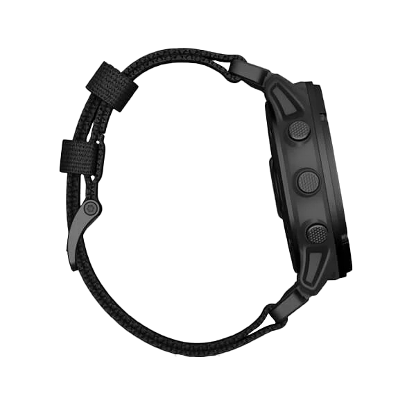 Garmin Tactix Delta Solar Edition smartwatch with black strap, rugged bezel, and visible side buttons