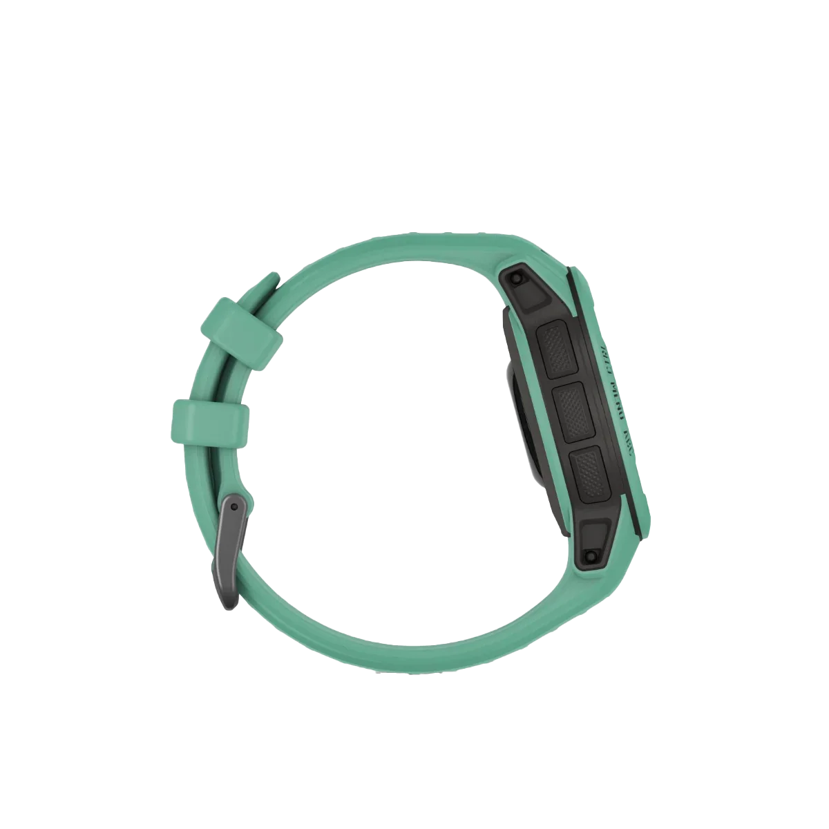 Garmin Instinct 2S Solar smartwatch, Neo Tropic green silicone strap, side view.