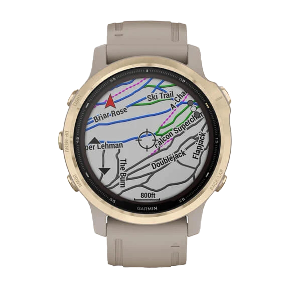 Garmin Fenix 6S Pro Solar smartwatch with light gold-tone case and light sand band, map display.