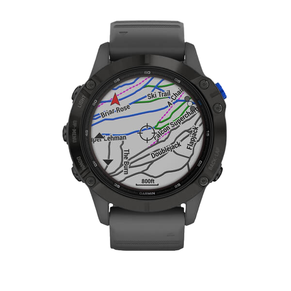 Garmin Fenix 6 Pro Solar smartwatch with black bezel and slate gray band displaying a navigation map