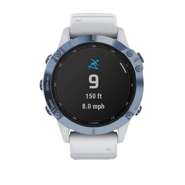 Garmin Fenix 6 Pro Solar smartwatch, mineral blue with Whitestone band, certified refurbished