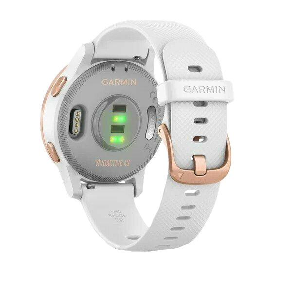 Garmin Vivoactive 4S smartwatch with white silicone band and rose gold bezel, Garmin Certified Refurbished