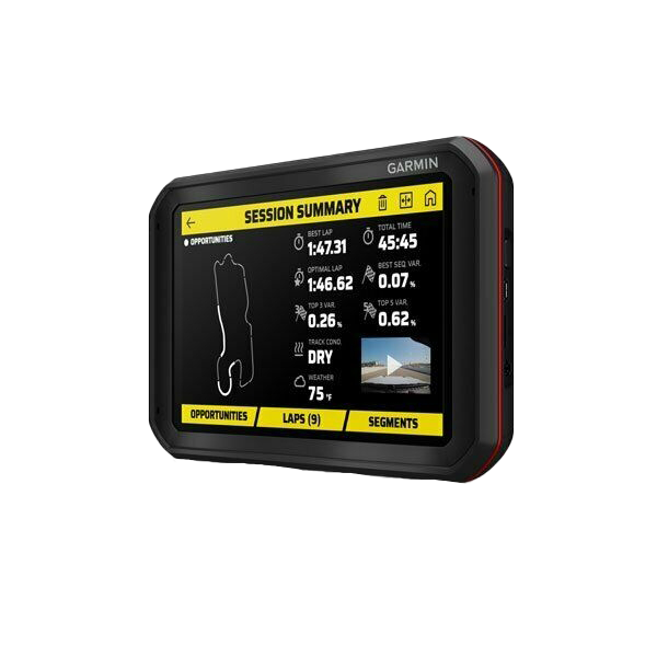 Garmin Catalyst Driving Performance Optimizer GPS device, black with red trim, displaying session summary