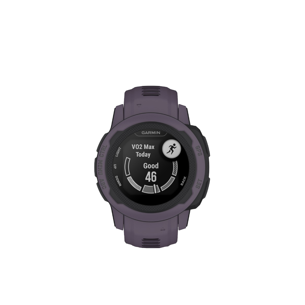 Garmin Instinct 2S smartwatch in Deep Orchid purple with rugged round display and textured bezel silicone strap