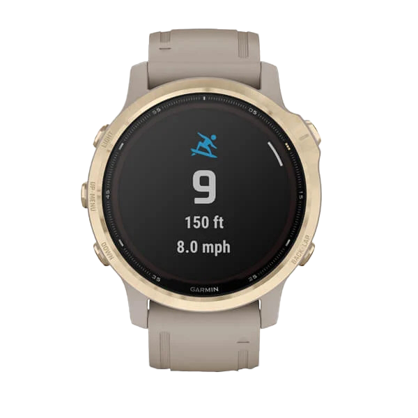 Garmin Fenix 6S Pro Solar GPS smartwatch, light gold bezel with light sand band, model 010-02409-10, rugged build