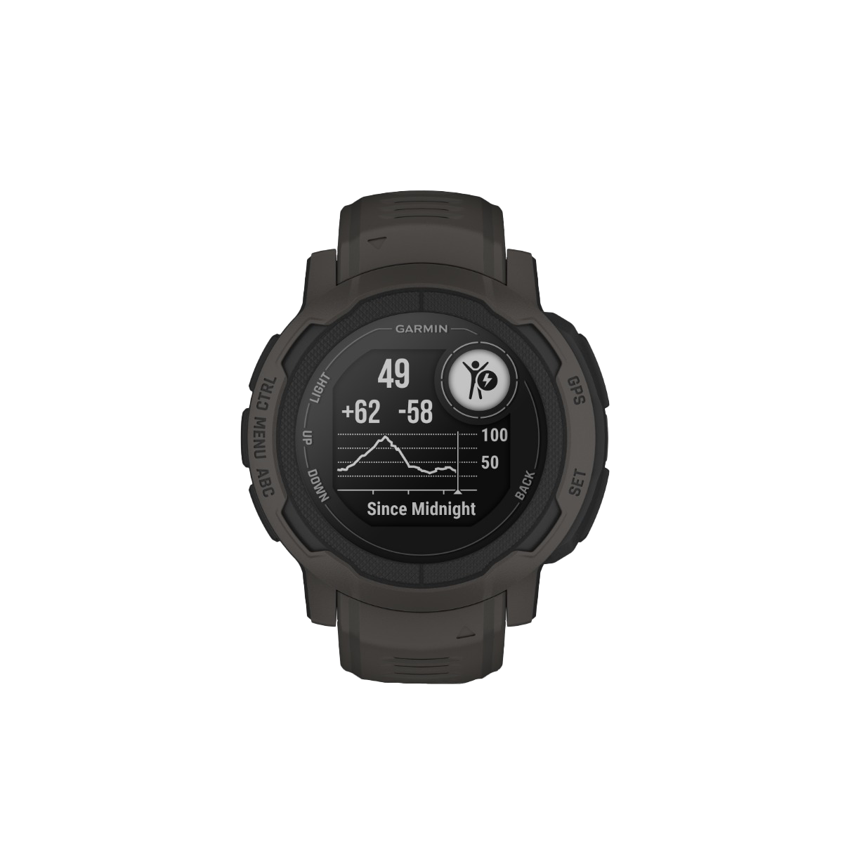Garmin Instinct 2S Graphite smartwatch with rugged bezel and silicone strap.