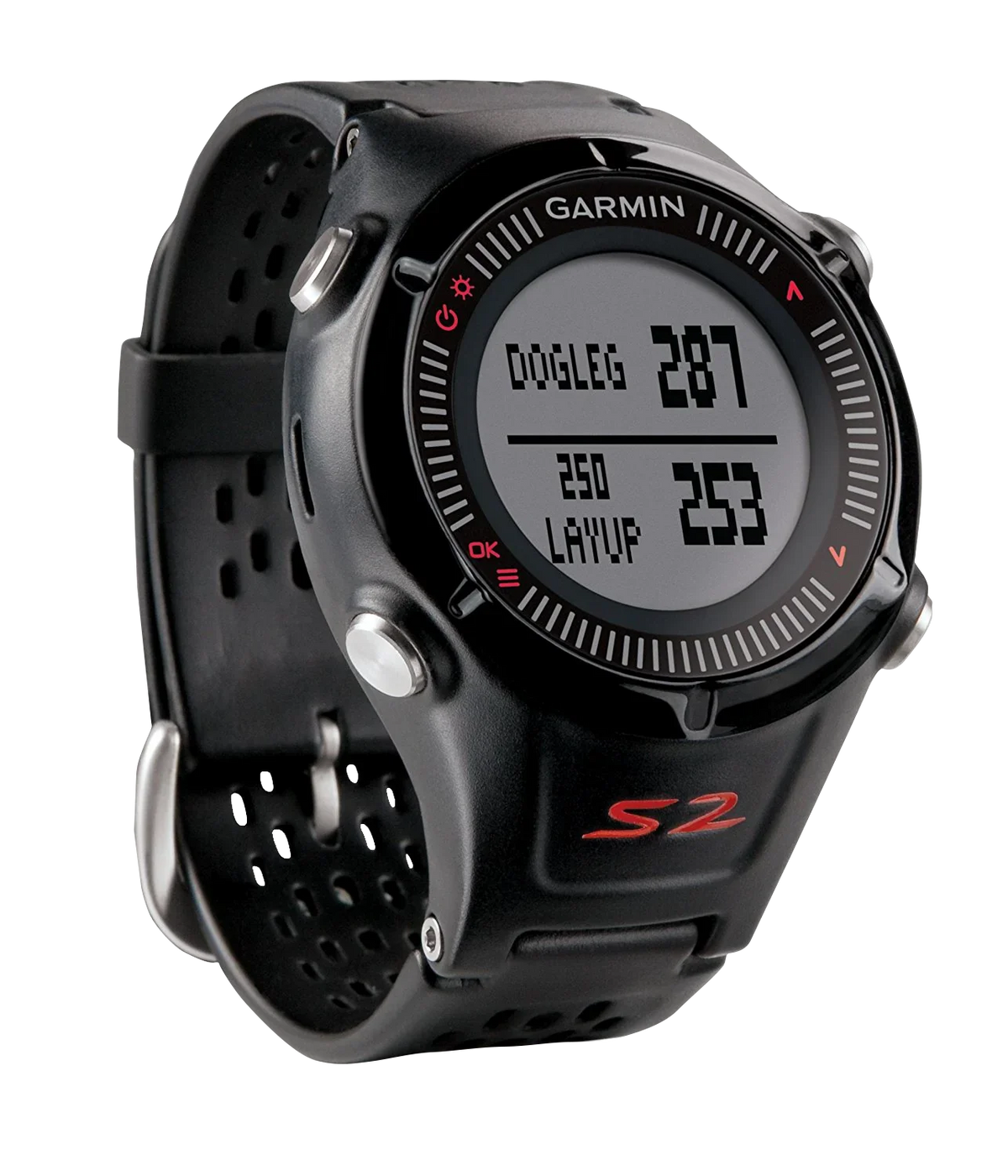 Garmin Approach S2 golf GPS smartwatch, black with perforated strap and built-in rangefinder