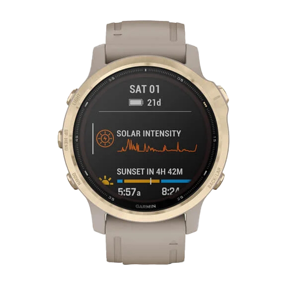 Garmin Fenix 6S Pro Solar smartwatch with light gold bezel and light sand band