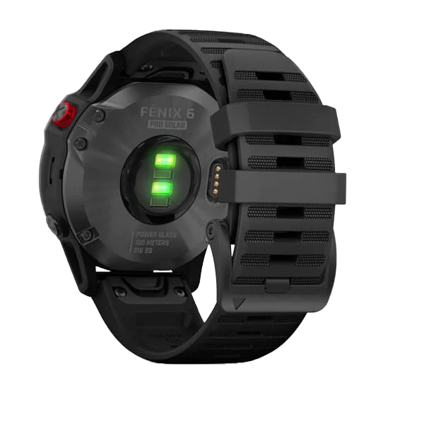 Garmin Fenix 6 Pro Solar smartwatch - slate gray case, black band, rear view