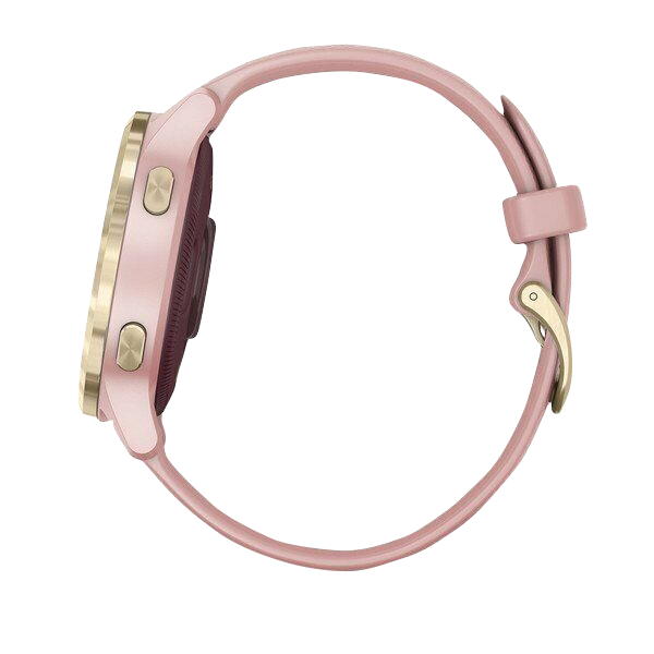 Garmin Vivoactive 4S GPS smartwatch with light gold case and dust rose silicone band