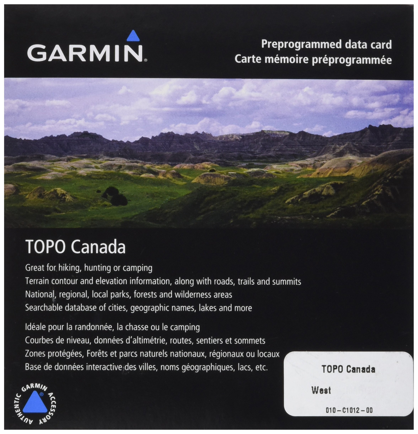 Garmin TOPO Canada-West microSD card packaging in black with Garmin logo and rugged mountain landscape