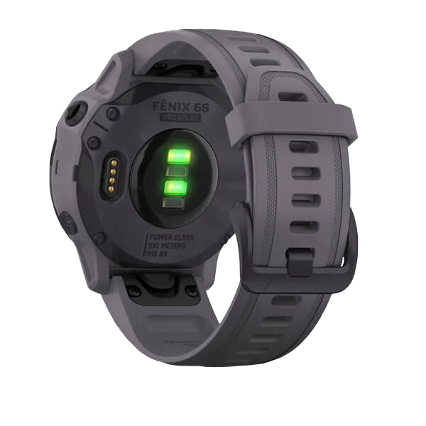 Garmin Fenix 6S Pro Solar smartwatch with amethyst steel case and shale gray band.