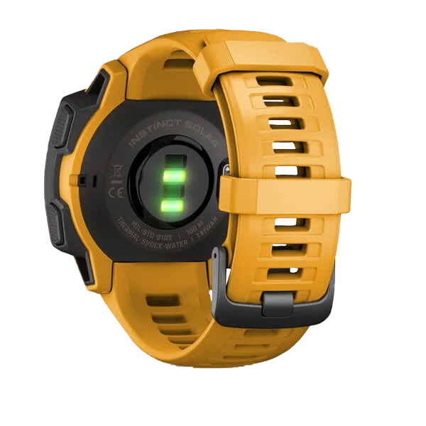 Garmin Instinct Solar rugged GPS smartwatch in sunburst yellow, certified refurbished by Garmin
