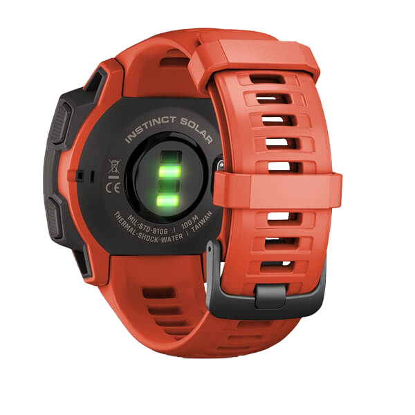 Garmin Instinct Solar smartwatch, Flame Red Graphite with orange strap and green back sensor