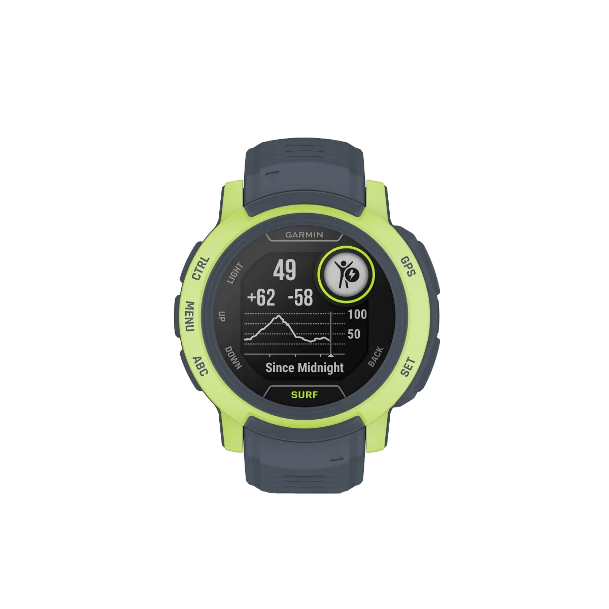 Garmin Instinct 2 Surf Edition Mavericks smartwatch with neon lime bezel and gray strap
