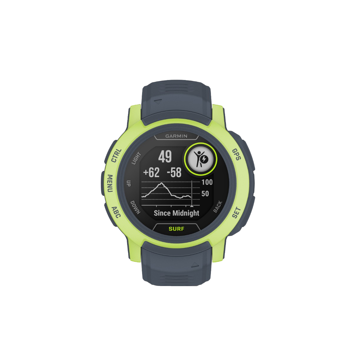 Garmin Instinct 2 Surf Edition Mavericks smartwatch with neon lime bezel and gray strap