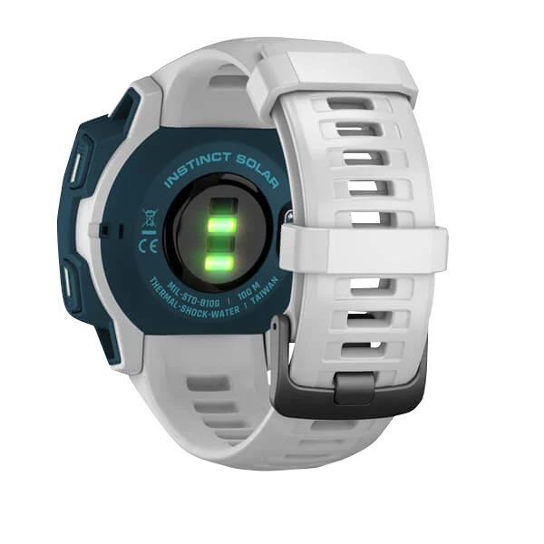 Garmin Instinct Solar Surf Edition smartwatch with white strap, blue back plate, and green solar indicator