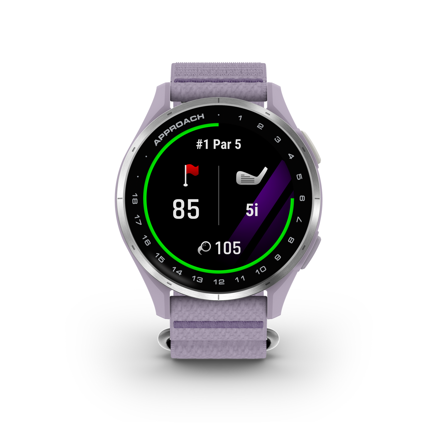 Garmin Approach J1 Junior GPS smartwatch with silver aluminum bezel and lilac ComfortFit band