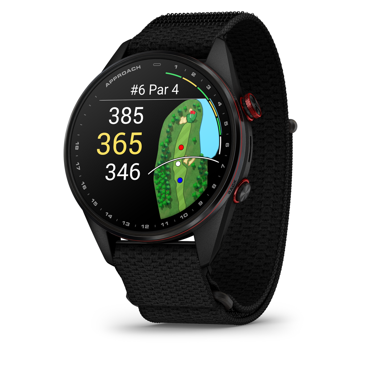 Garmin Approach S72 smartwatch, 47 mm carbon gray/red DLC titanium bezel, black ComfortFit fabric band