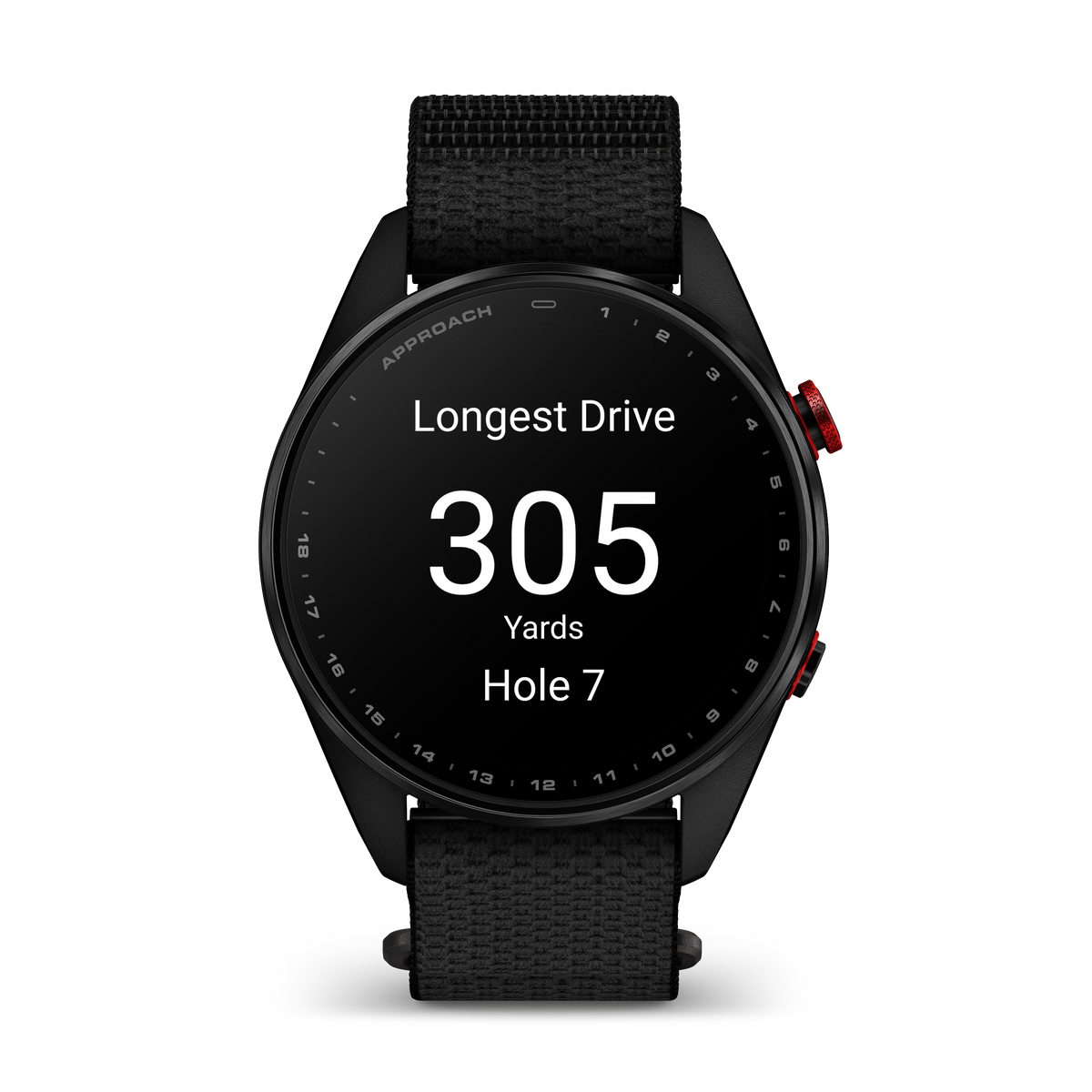 Garmin Approach S72 smartwatch, 47 mm carbon gray/red DLC titanium bezel with black ComfortFit fabric band