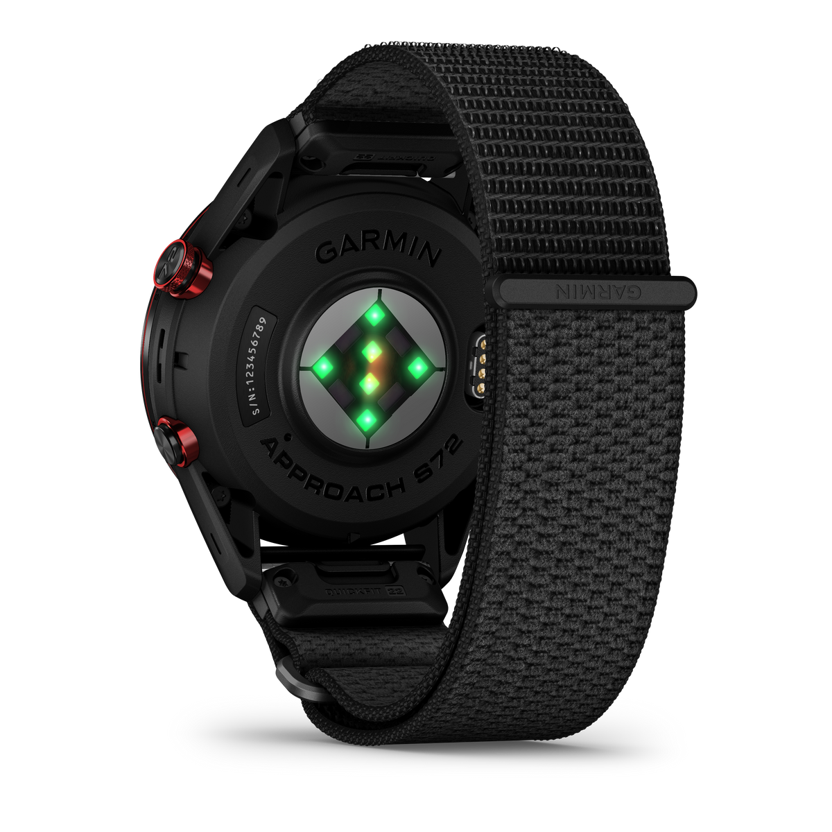Garmin Approach S72 smartwatch, 47mm carbon gray/red, DLC titanium bezel, black ComfortFit fabric band
