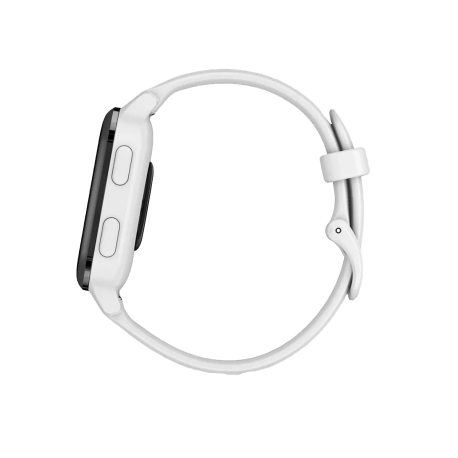 Garmin Venu Sq Music GPS smartwatch with slate aluminum bezel and white silicone band