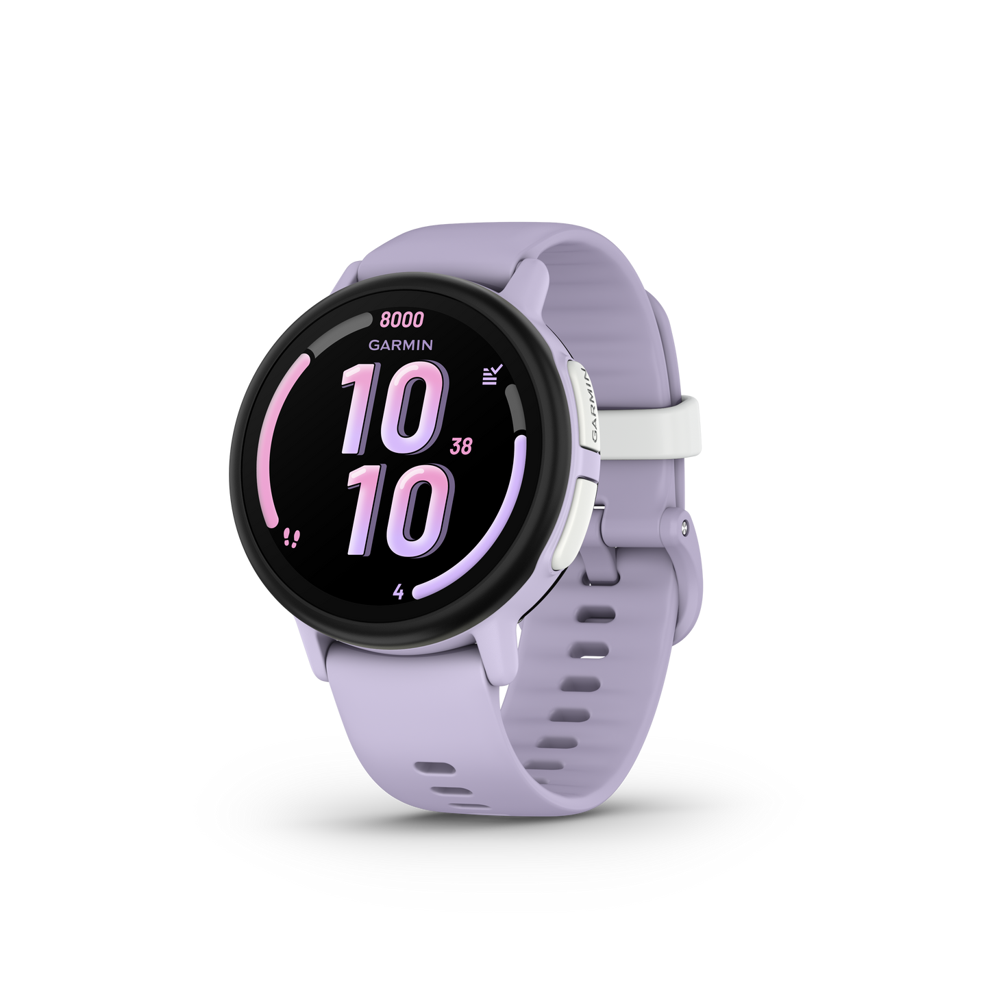 Garmin Bounce 2 smartwatch with light purple band and black circular display