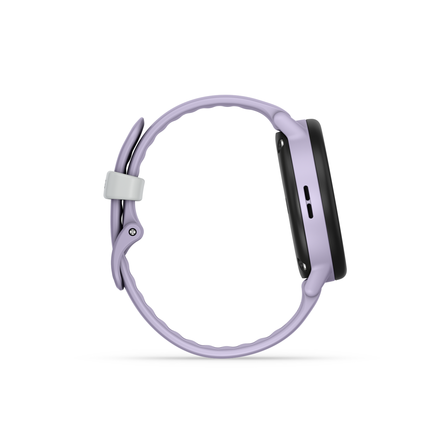 Garmin Bounce 2 smart watch with light purple band and black case.
