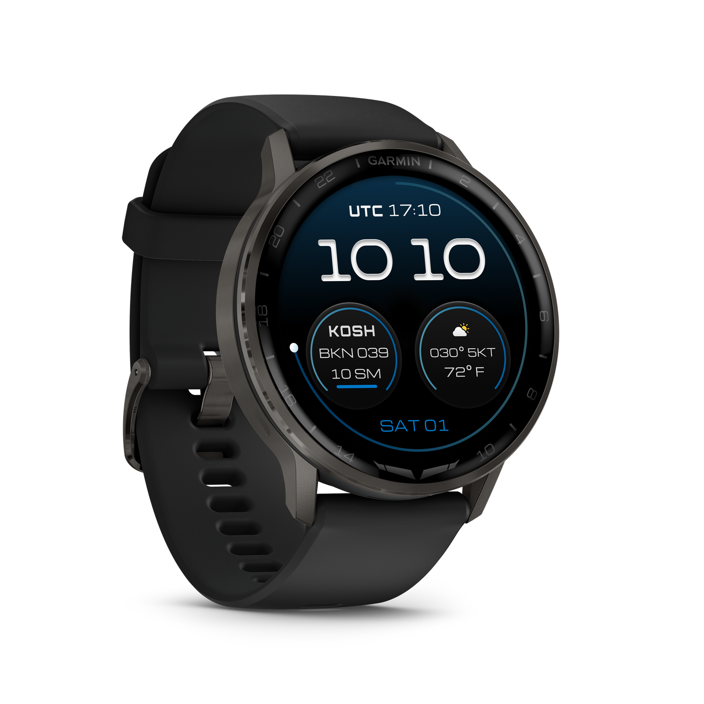 Garmin D2 Air X15 smartwatch, slate case with black silicone band for aviation use.