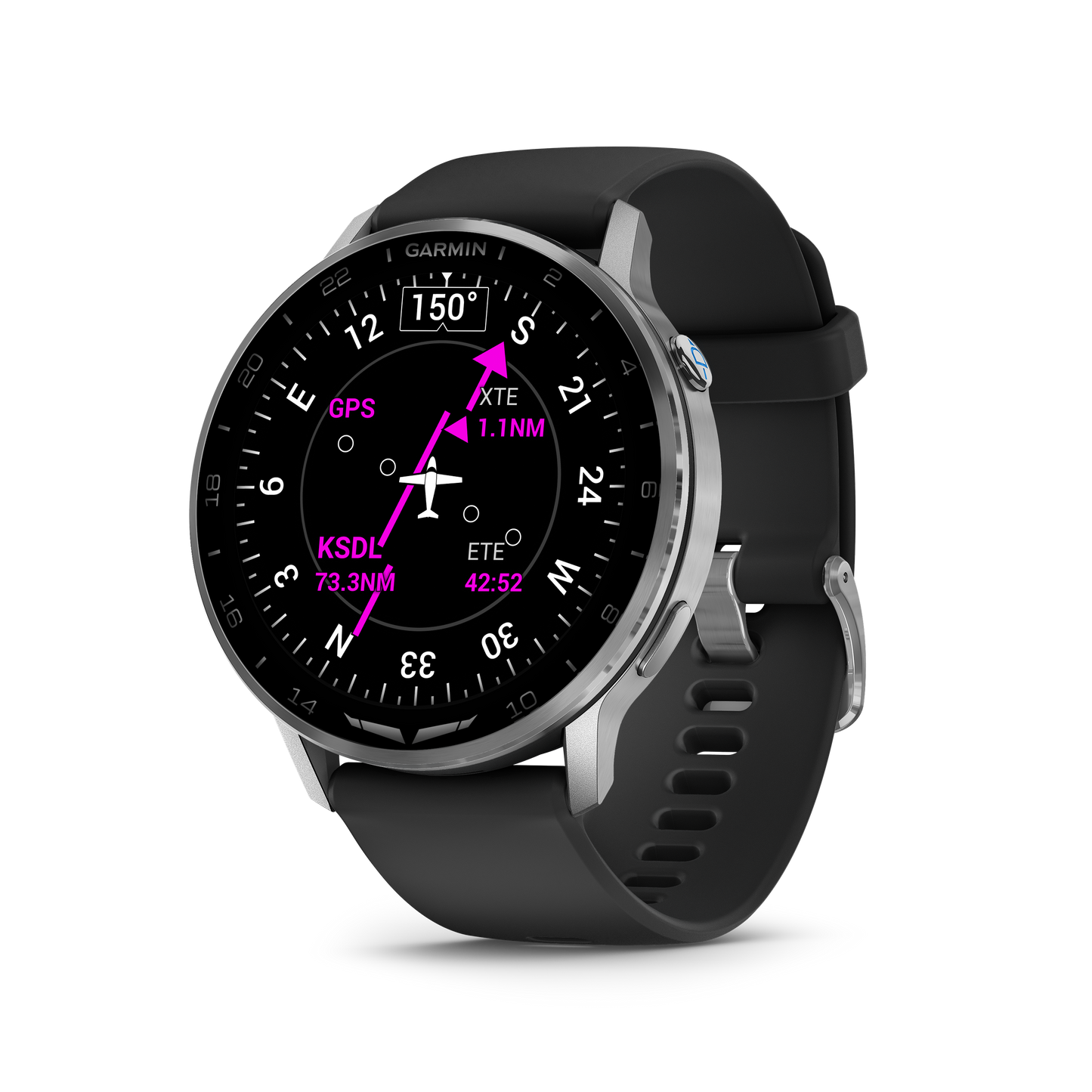 Garmin D2 Air X15 aviation smartwatch with silver case and black silicone band