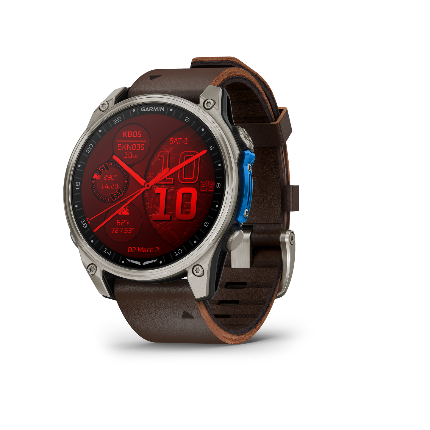 Garmin D2 Mach 2 47mm titanium smartwatch with Oxford brown leather band.